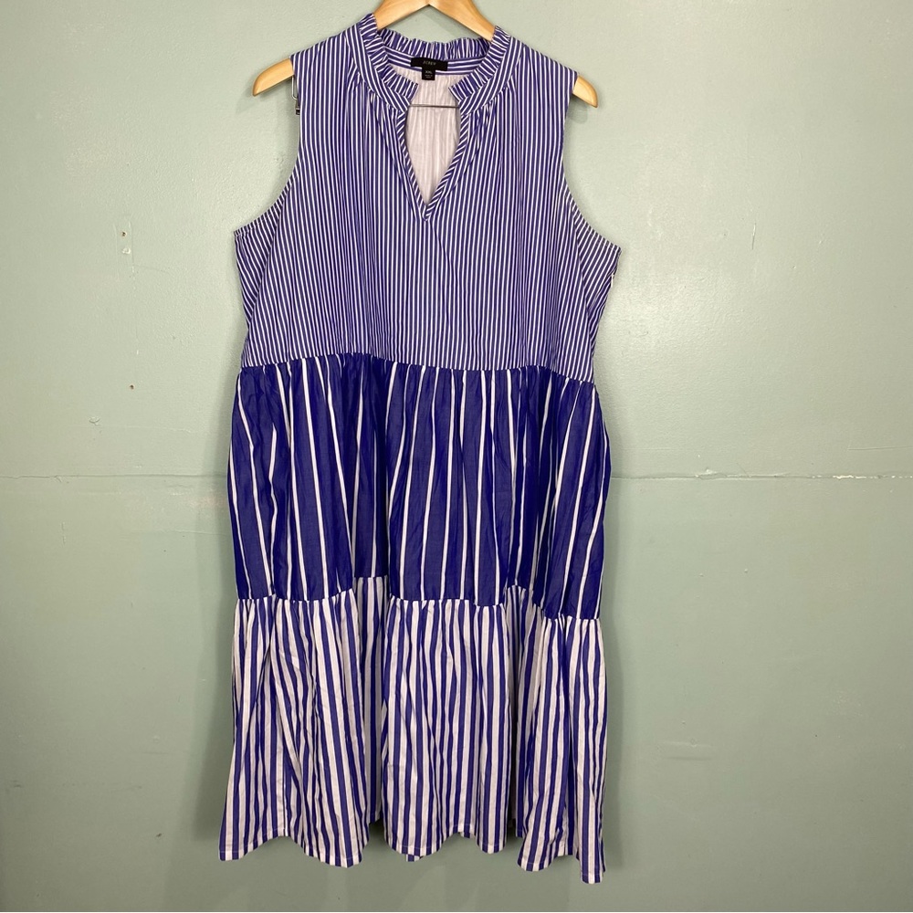 Sleeveless Blue and White Striped Tiered Dress